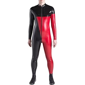 Rood En Zwart Sexy Latex Catsuit Met Voor Naar Achter Kruis Rits Tone Kleur Rubber Bodysuit Algehele Zentai Body Suit