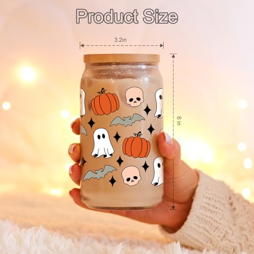 Coolife Halloween Pumpkin Ghost Skull Fall Cup - 16 oz Pumpkins Fall Mug, Iced Coffee Glass Tumbler, Spooky Glass Cups w/Lids Straws, Goth Spooky Gifts for Her, Halloween Gifts for Women Teen - Thumbnail 2