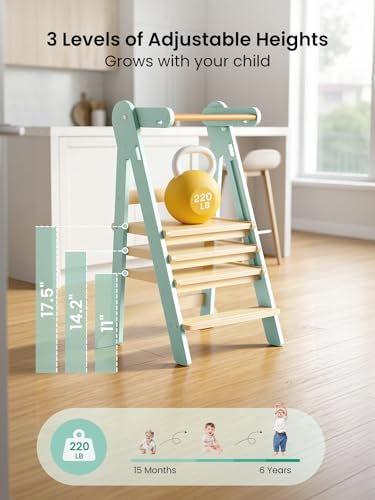 Image of Grownsy Foldable Step Stool Toddler Tower, Toddler Kitchen Stool Helper, Collapsible Kids Standing Tower with 3 Adjustable Heights and Safety Net for Kitchen Bathroom Sink Counter (Green)