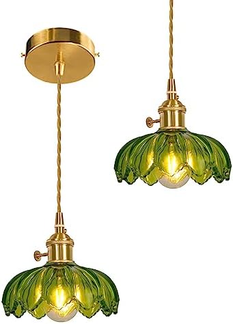Shenmoyl 1-Light Pendant Light Green Glass Hanging Light,E26/E27 Drop Ceiling Light Fixture Lamp for Farmhouse Kitchen Island Bedroom 7.87 Inch Diam w/Retro Scindapsus Lampshade Pattern Lampshade