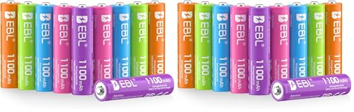 EBL 20-Pack AAA Rechargeable Batteries 5 Colors for Remotes & Clocks