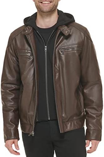 Calvin Klein Men's Motorcycle Jacket with Removable Hoodie, Brown, Large