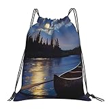 HEBSDFG Sac à dos de sport léger et réutilisable avec cordon de serrage pour femme Motif aurores boréales, Rivière canoë au clair de lune, taille unique