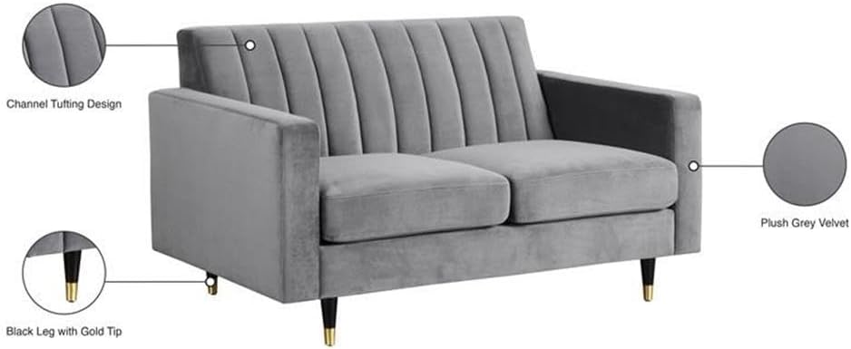 Meridian Furniture Lola Collection Modern Contemporary Velvet Upholstered Loveseat with Gold Tipped Black Legs and Channel Tufted Design, 60" W x 35" D x 33.5" H, Grey (619Grey-L)