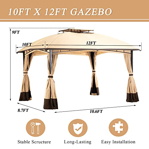 10’X 12’ Outdoor Gazebo, Double Roof Patio Gazebo With Netting And Curtains, Metal Frame Outdoor Patio Gazebo For Deck Backyard Garden Lawns(Khaki) #TOP1