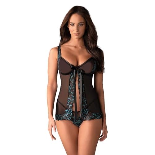 Selente Love & Fun verführerisches 3-teiliges Damen Nachtwäsche-Set aus Negligee/Babydoll, Tanga & Satin-Augenbinde, Made in EU, schwarz-türkis, Gr. S/M