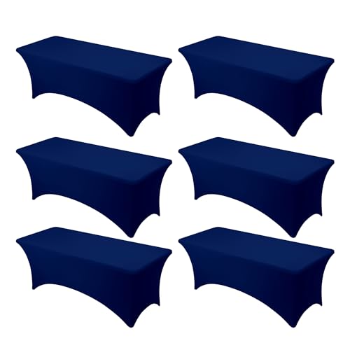 Dailyset 6-Pack Premium Navy Blue Spandex Tablecloths for 8ft Rectangle Tables, Stain & Wrinkle-Resistant, Washable Stretch Polyester Fitted Table Cover for Weddings, Banquets, Trade Shows Events