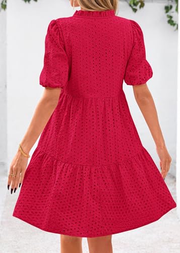 KIRUNDO Eyelet Summer Dresses for Women 2025 Mini Casual Hollow Out Short Sleeve Lace Tiered V Neck Shift Dress Pockets2