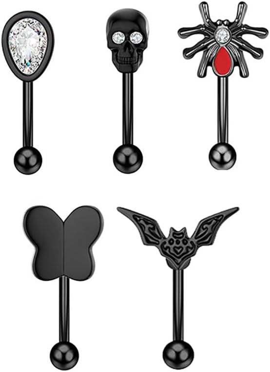 5Pcs 16G Stainless Steel Eyebrow Rings for Women Men Black Skull Spider Butterfly Bat Eyebrow Curved Barbell Eyebrow Halloween Piercing Jewelry