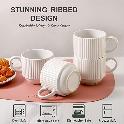 Hasense Ceramic Coffee Mugs Set of 4 with Rack - 15 oz Stackable Large Porcelain Ribbed Latte Cup Set for Cappuccino, Tea, Hot Cocoa, Drinks - Dishwasher & Microwave Safe, White - Image 5