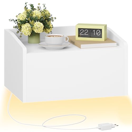 Hzuaneri Comodino Pensile, Comodino Camera da Letto con Luce a LED, Mensola a Muro Sospesa con 1 Cassetto, Design Moderno per Camera da Letto e Soggiorno, 30 x 40 x 22,5 cm, Bianco NS52103XEU