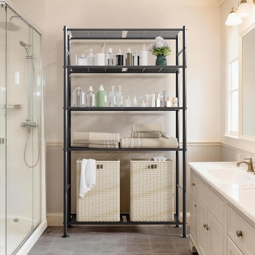 BolDuck 5 Tier Shelf Organizer Rack, Metal Shelving Unit with Adjustable Leveling Feet, Space-Saving Storage Shelves for Garage Closet Laundry Bathroom Kitchen Pantry, 33.07”Wx12.6”Dx72.04”H,Black - Thumbnail 7