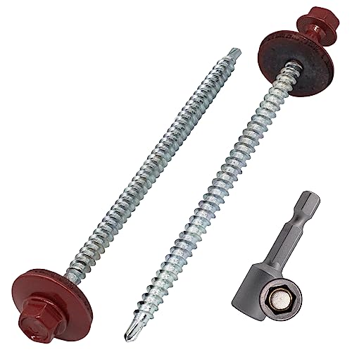 SKIR'CO (100 pièces) Vis Toiture Peintes 4,8 x 100 mm, Tête Hexagonale, Vis Autoperceuses Avec Rondelles EPDM (Rouge Oxyde, RAL 3009)