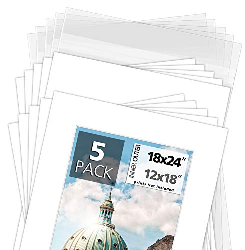 Mat Board Center, Pack of 5, 18x24 for 12x18 White Photo Picture Mats Set