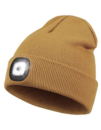 Rechargeable LED Lighted Beanie, Perfect Dad Gifts in Christmas, Stocking Fillers Cap with Light Hands Free Head Torch Unisex Winter Warm Knit Beanie Light Yellow