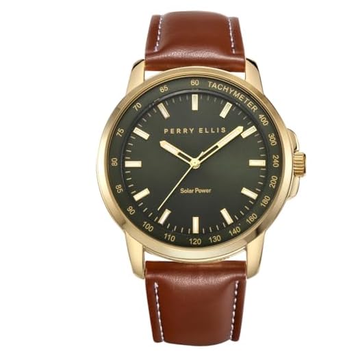 Perry Ellis Solar Powered Mens Watch | Vegan Leather Water-Resistant Analog Wrist Watches for Men | 43mm Case | Aluminum Tachymeter Bezel | Elegant Gift for Man (Gold)