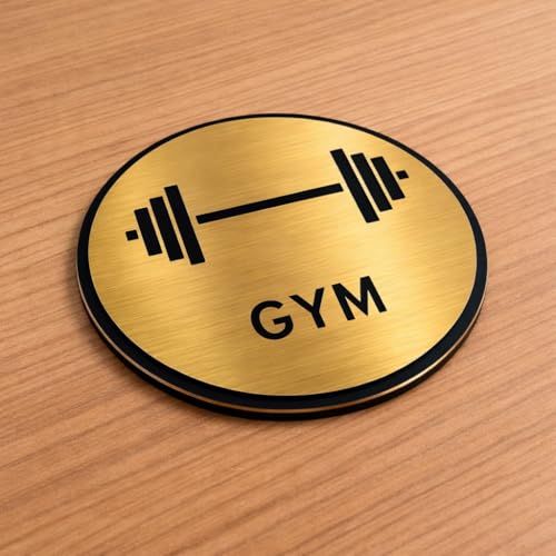 Image of Premium Brush Gold Finish Acrylic Gym Sign Easy to Mount Double Side Tape 5.8 Inch Signage Self-Adhesive for Clubhouse Gym Resort Hotel Fitness House Society