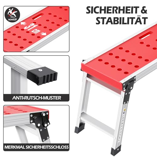 KINGRACK Klappbare Arbeitsplattform, Aluminium Stufenleiter Plattformleiter mit rutschfesten Gummifüßen, leichte Stufenleiter mit Sicherheitsschlössern für Haus und Garage - maximale Belastung 150 kg