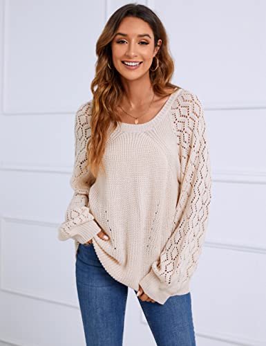 Blooming Jelly Womens Crew Neck Oversized Sweaters Trendy Casual Sweater Ladies Crochet Pullover Tops (Large, White) #TOP3