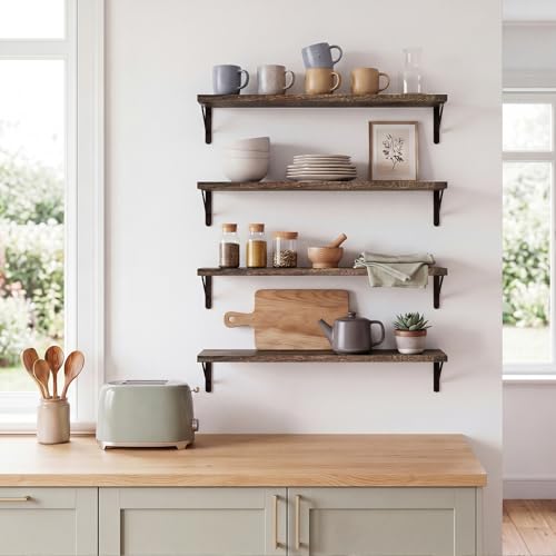 Image of YGEOMER Floating Shelves for Wall, 23in Brown Wall Shelves for Living Room, Bathroom, Bedroom, Kitchen, Home Decor (Set of 4)