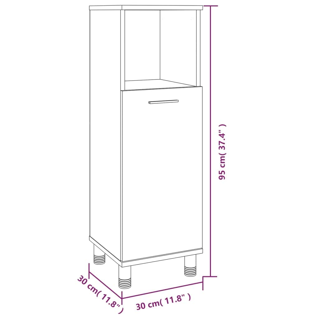 Armario de baño de roble ahumado de madera de 30 x 30 x 95 cm con 3 compartimentos y puerta, independiente, soporte alto, soporte de pared para baño, lavadero e inodoro de invitados