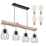 Hängelampe Esstisch Holzbalken Vintage mit LED - Hängeleuchte Schwarz Metall Holz - Pendelleuchte 4 Flammig - Pendellampe Wohnzimmer Hängend Modern Gitter