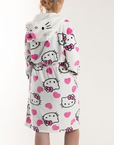 Hello Kitty Damen-Bademantel mit Kapuze in Weiß | Kuschelige Fleece-Loungewear mit rosa Akzenten und langen Ärmeln | Cartoon-Charakter-Design | Perfekt für entspannte Tage