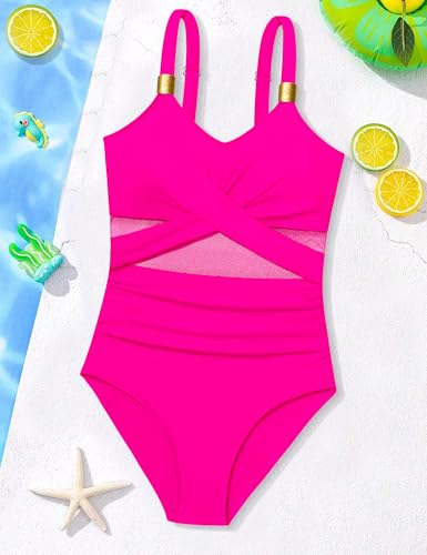 Image of Girls Swimsuit Criss Cross One Piece Swimsuits Wrap Tie Back Sheer Mesh Bathing Suit with Gold Metal Swimwear 9-16Y