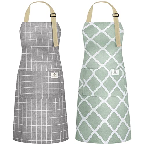 Nlus 2 Pieces Cotton Linen Waterproof Cooking Aprons, Kitchen Apron With Adjustable Neck Strap And Long Ties, Cooking Aprons With Pockets For Women/Men(Grey/Green) #TOP23