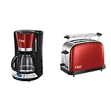 Russell Hobbs Digitale Kaffeemaschine Colours+ rot, programmierbarer Timer, 1,25l Glaskanne, bis 10 Tassen, 1100W & Toaster Colours+ rot, 2 extra breite Toastschlitze, 6 einstellbare Bräunungsstufen
