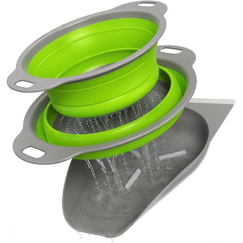 Image of AILUROPODA Self-Draining Base with 2 piece Collapsible Colanders Set | for Pasta, Veggies and Fruits, High-temperature Resistance Space-Saver Green and Gray
