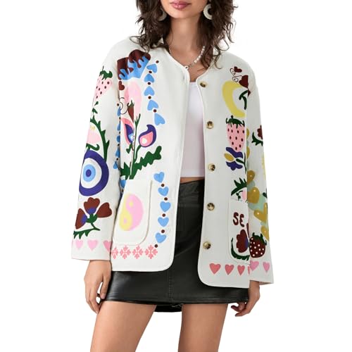 Image of SANSIWU Women's Floral Print Quilted Jacket Winter Puffer Jacket Lightweigt Vintage Buttons Quilted Coat Long Sleeve Padded Jacket Streetwear (E-01, M)