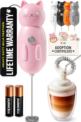 Image of Zulay Kitchen Cat Milk Frother Wand - Cutesy Frother, Meet Your New Frothing Buddy Princess The Cat, Adoption Papers and Stickers Included, Purrr-fect for Lattes, Cappuccino & Matcha - Pink