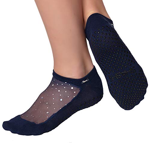 SHASHI Nude Mesh Socks - With Grip For Yoga - Non Slip - W/Storage Pouch Pilates Barre Workout Socks - For Women -Star Glitter Navy-Small