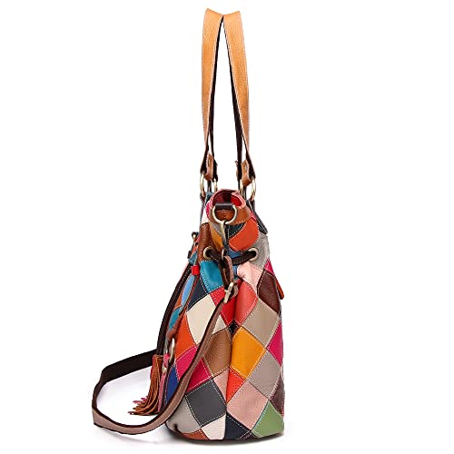 Women Multicolor Shoulder Handbag Leather Purse Circle Splicing Tassel Satchel4