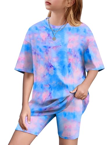 Arshiner Girls 2 Piece Outfits Cute Tie Dye Clothes Drop Shoulder Tee and Biker Shorts Sets Kids Summer Clothing Sets 9-10Y