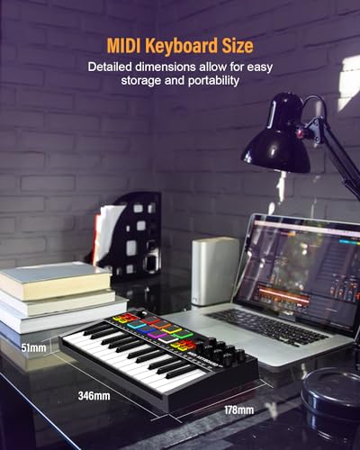 OYAYO MIDI Keyboard Controller, 25 Key Rechargeable MIDI Keyboard with 8 Backlit Drum Pads, 8 Knobs, OLED Display, DAW Integration, MIDI Controller for Music Production