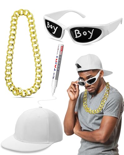 Maiteenly Kit de 4 piezas de disfraz de hip hop para Halloween, accesorios de rapero, 2000, 80, 90, para adultos, lentes de sol de rapero (cadena)