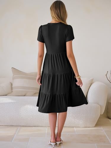 ANRABESS Womens Summer Causal Dresses V Neck Short Sleeve Midi Dress 2026 Flowy Tiered Boho Beach Sundress Vacation Outfits Black M — view 4
