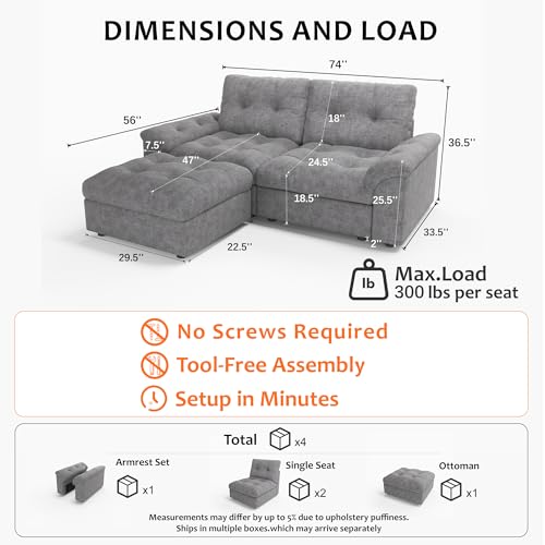 Image of Oversized Modular Sectional Sofa with Storage, Modern Deep Seat Cloud Couch for Living Room, L-Shaped Large Sectional Couch, Loveseat, Gray