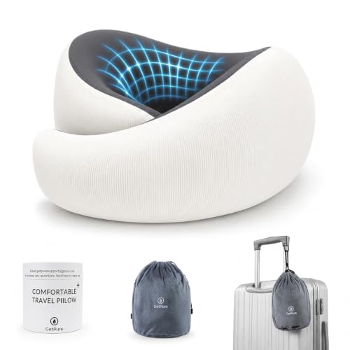 GETPURE Travel Pillow for Airplane Travel, Memory Foam Neck Pillow with 360° Chin Support, Soft Ice Silk Cover, Lightweight Compact Flight Pillow for Long Flights, Car Rides, with Storage Bag