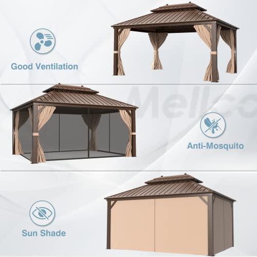 Mellcom 12' X 16' Hardtop Gazebo, Galvanized Steel Metal Double Roof Aluminum Gazebo With Curtains And Netting, Brown Permanent Pavilion Gazebo With Aluminum Frame For Patio, Lawn & Garden #TOP5