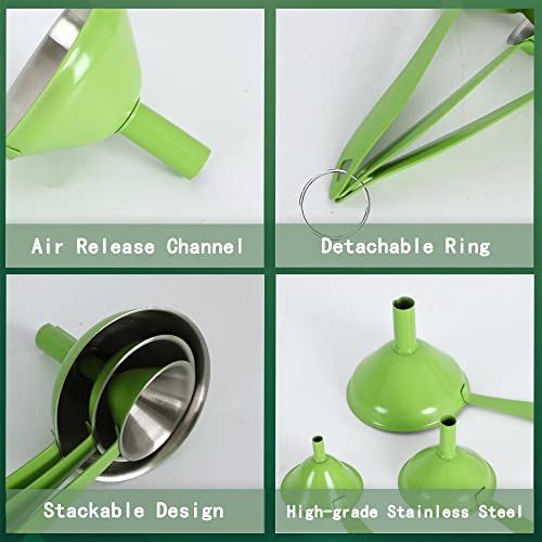 Miibell Small Funnels For Filling Bottles, Food Grade Metal Stainless Steel Kitchen Funnel Set Of 3, Durable Long Handle Mini Funnel, Easy To Clean Flask Funnel (3 Pack, Green) #TOP1