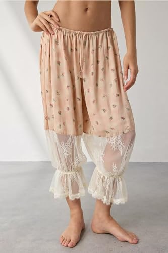 Image of KOSUSANILL Women Long Bloomer Pants Lace Trim Ruffle Pantaloons Cropped Lounge Pajama Bottoms Y2K Capri Pettipants