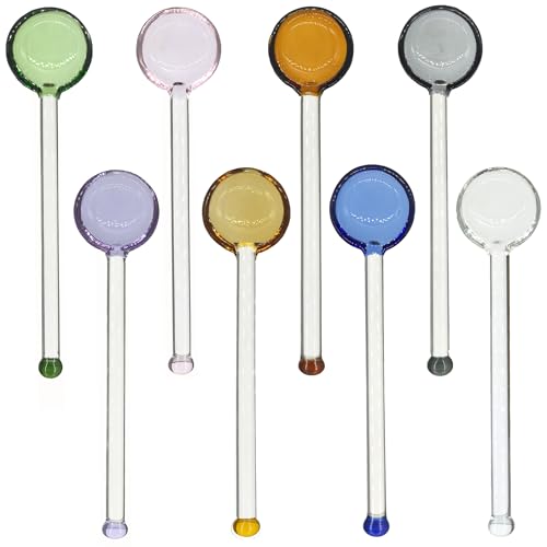 TMXAOK Lot de 8 cuillères à mélanger en verre colorées pour lait, cocktail, boissons froides, café, expresso, cuillères à café, mélangeurs pour sel, sucre, crème glacée pour bar, fête, cuisine