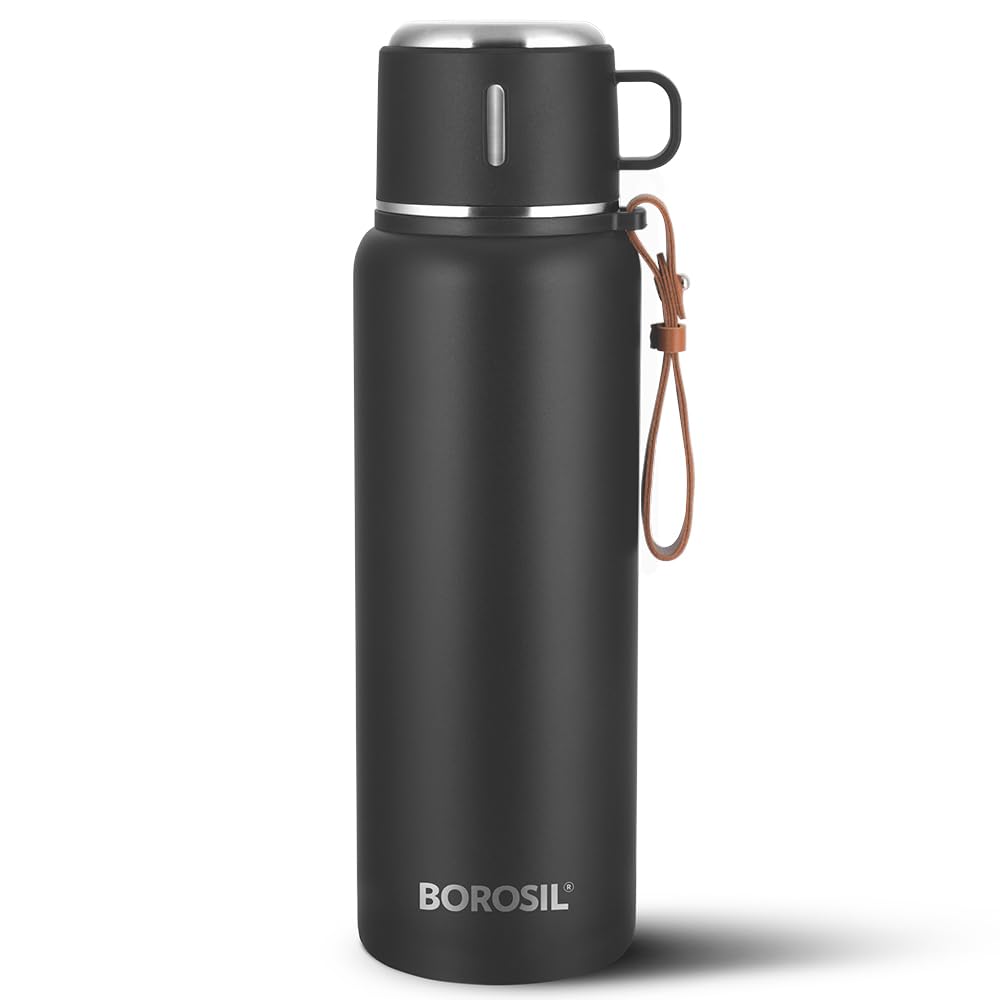 Borosil Hydra Cruise Stainless Steel 900 ml Water Bottle | Double Wall Vacuum Insulated, Flask | 17 Hours Hot & 20 Hours Cold | Leakproof, BPA Free | 1 Year Warranty, Black