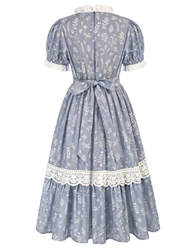 Colonial Costume For Girls Pioneer Dress Puff Sleeve Floral Dress Victorian Long Maxi Dress Blue 7 Years #TOP1