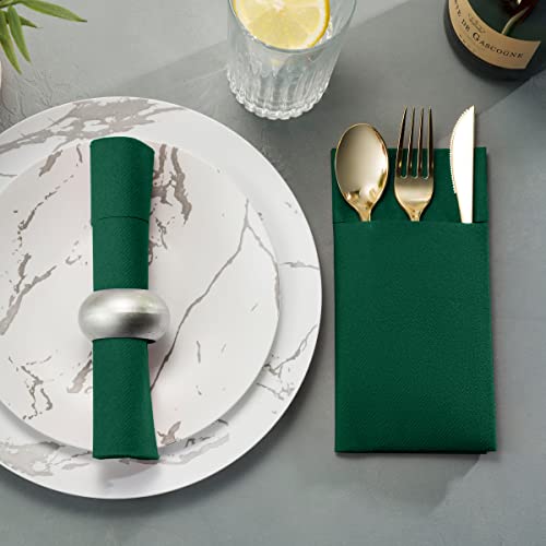 50-Pack Disposable Linen-Feel Dinner Napkins with Built-in Flatware Pocket, GREEN Prefolded Cloth Like Paper Napkins For Christmas, Dinner, Wedding Or Party [Silverware NOT Included] - Thumbnail 4