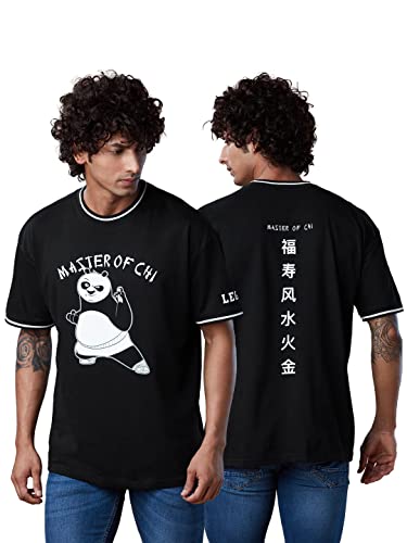 Image of The Souled Store | Men Official Kung Fu Panda Master of Chi Round Neck Black Color | Printed Half Sleeve | 100% Cotton Oversized T-Shirts