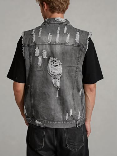 Image of Men's Sleeveless Ripped Denim Vest Casual Slim Fit Button Down Jeans Vests Jacket